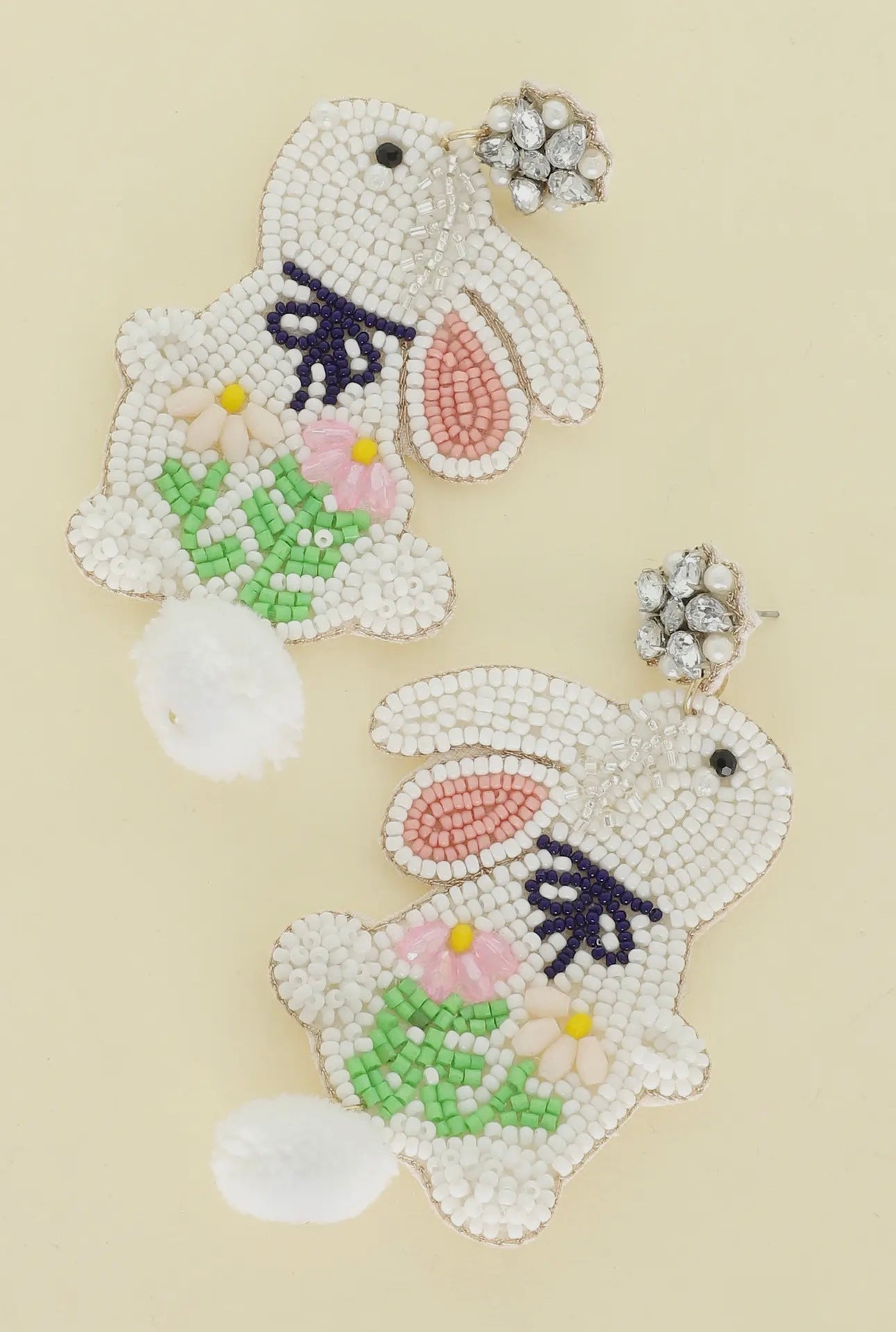 Cotton Ball Tail Easter Rabit Beaded Earrings