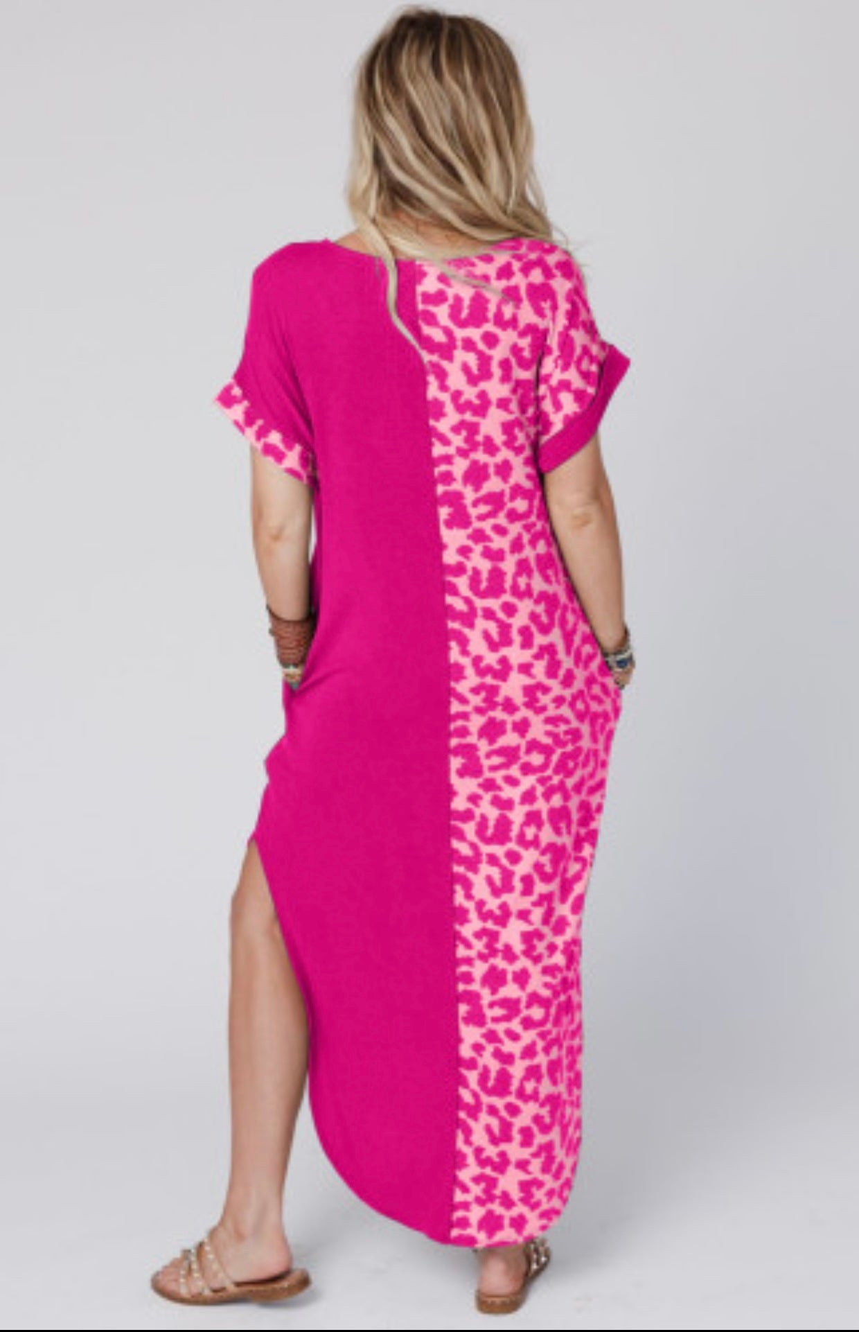 Rose Contrast Solid Leopard Short Sleeve T-Shirt Dress with Slits