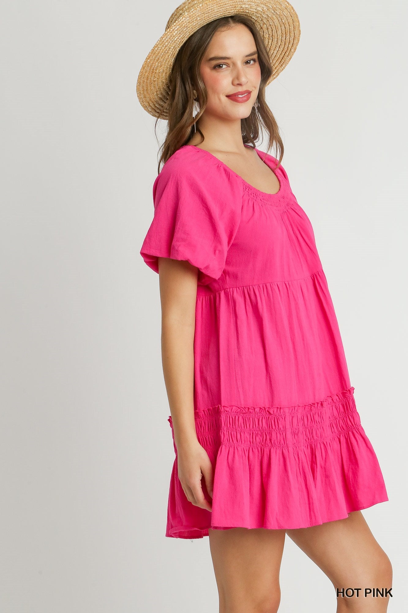 Round Neck Cotton Pleated Dress with Smocked Detail & Puff Short Sleeve