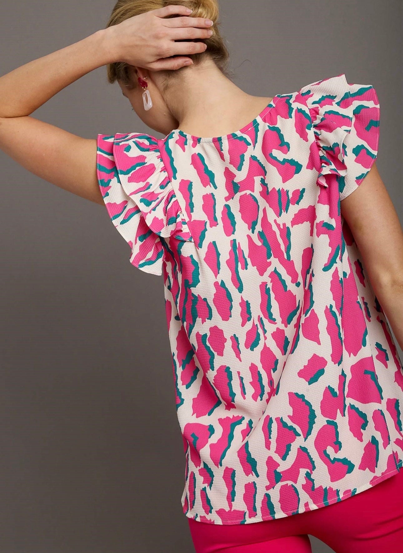 Cream Abstract Print V-Neck Top with Double Layer Ruffle Sleeves