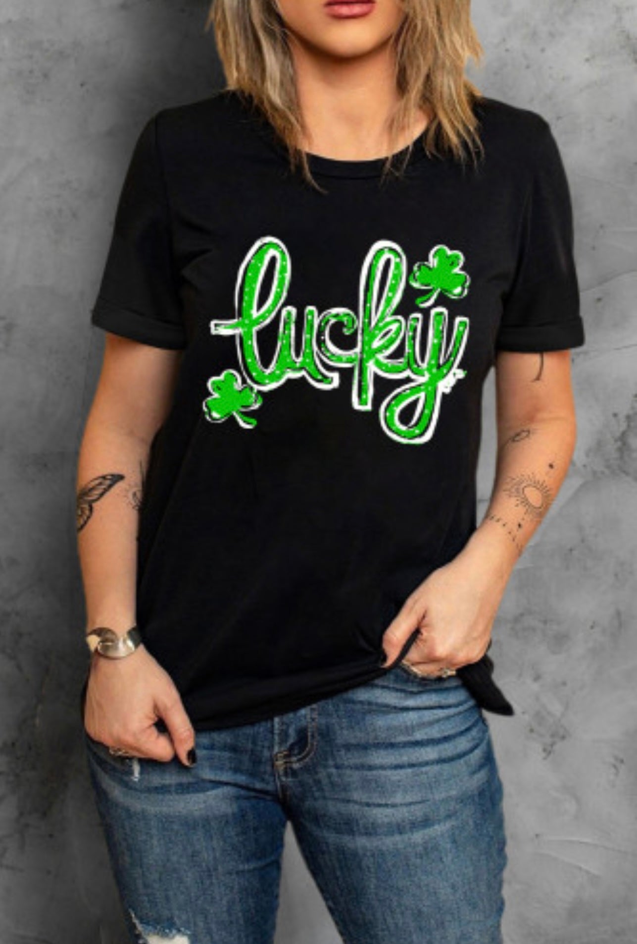 Black St. Patrick’s Lucky Clover Print T-Shirt