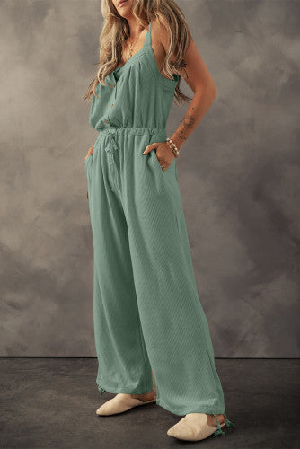Moss Green Knotter Straps Button Textured Drawstring Jumpsuit