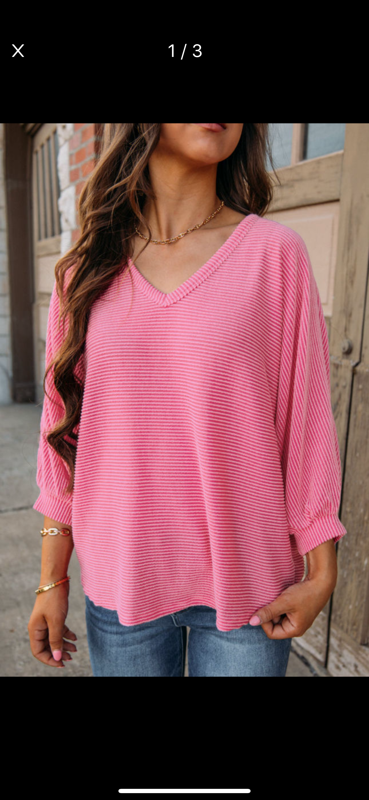 Strawberry Pink Striped Print Bracelet Sleeve V Neck Top