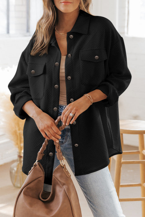 Black Solid Textured Flap Pocket Buttoned Jacket
