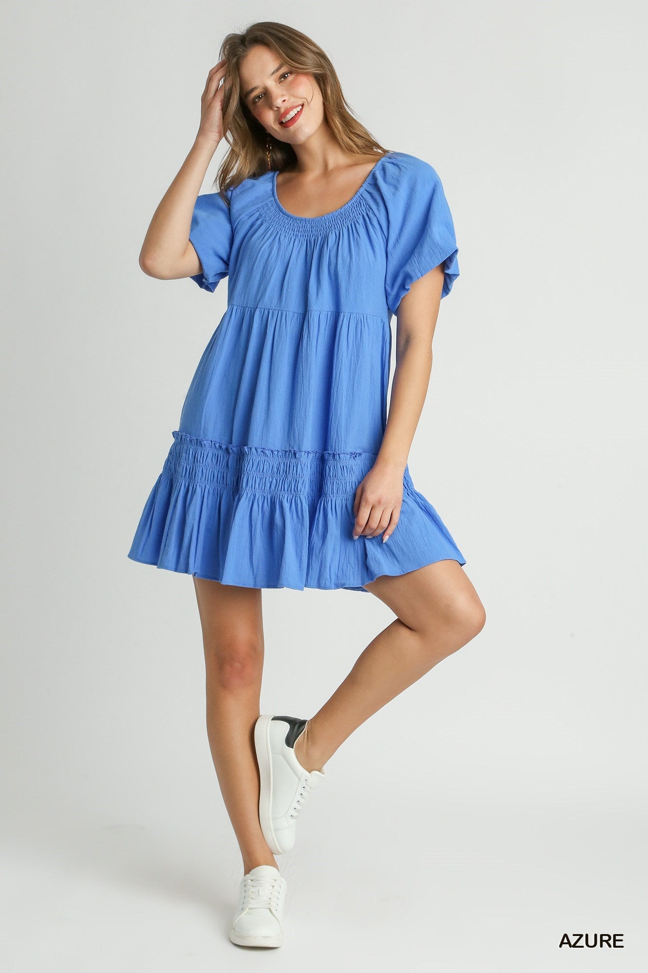 Round Neck Cotton Pleated Dress with Smocked Detail & Puff Short Sleeve