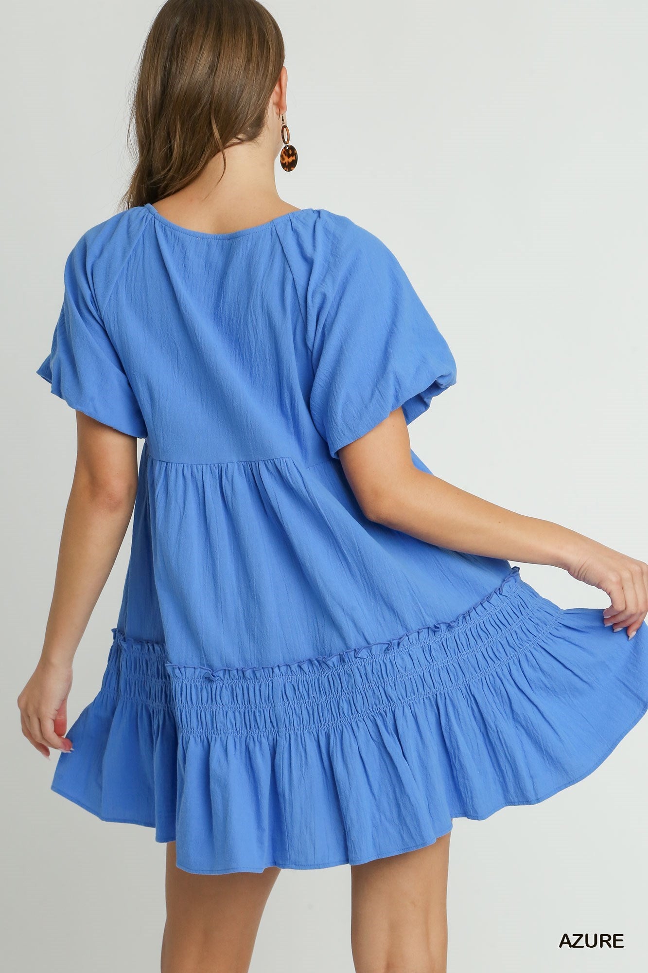 Round Neck Cotton Pleated Dress with Smocked Detail & Puff Short Sleeve