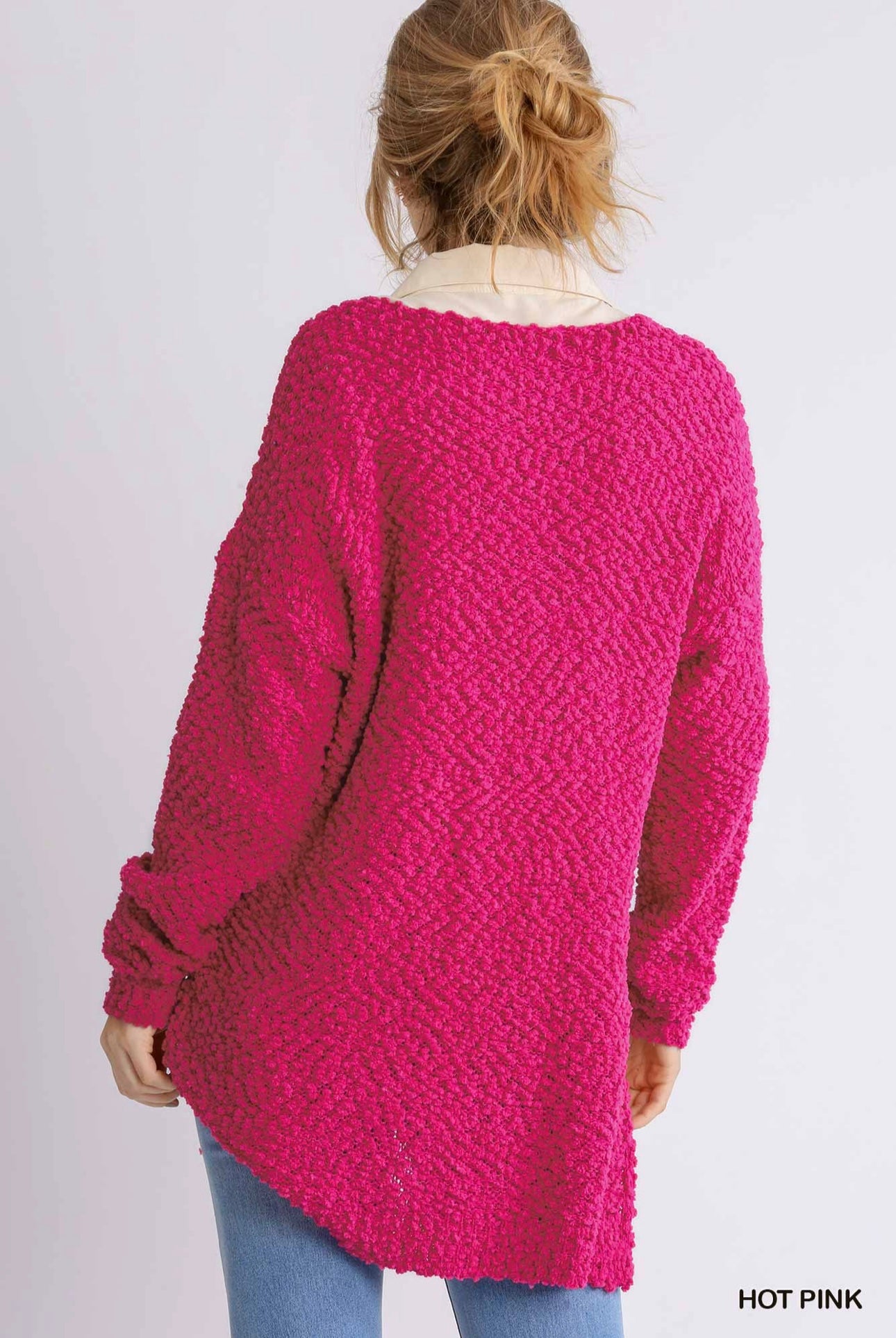 Long Sleeve V-Neck Soft Knit Pullover Sweater with Side Slits