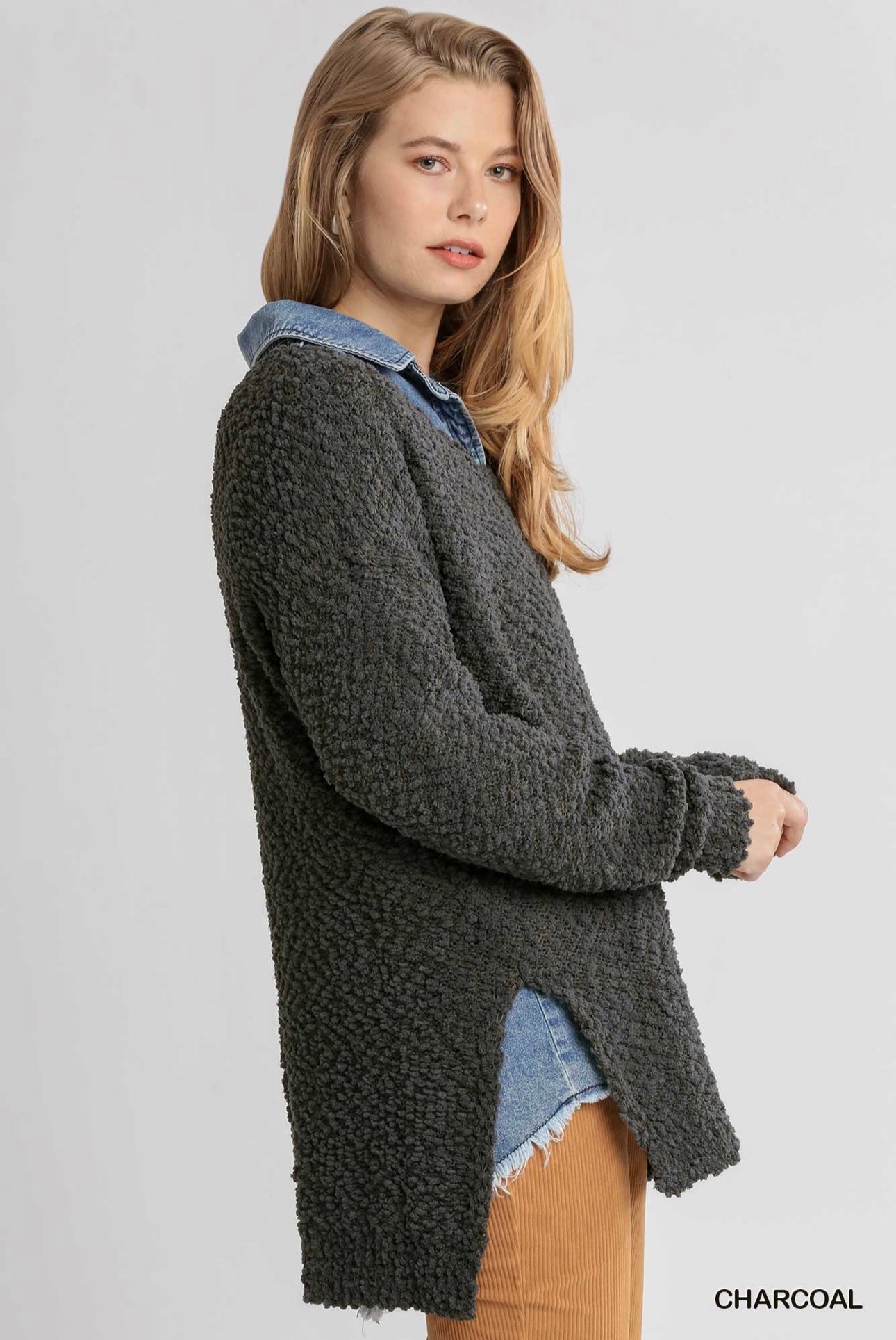 Long Sleeve V-Neck Soft Knit Pullover Sweater with Side Slits