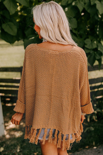 Camel Tasseled Hem Knot Baggy Sweater