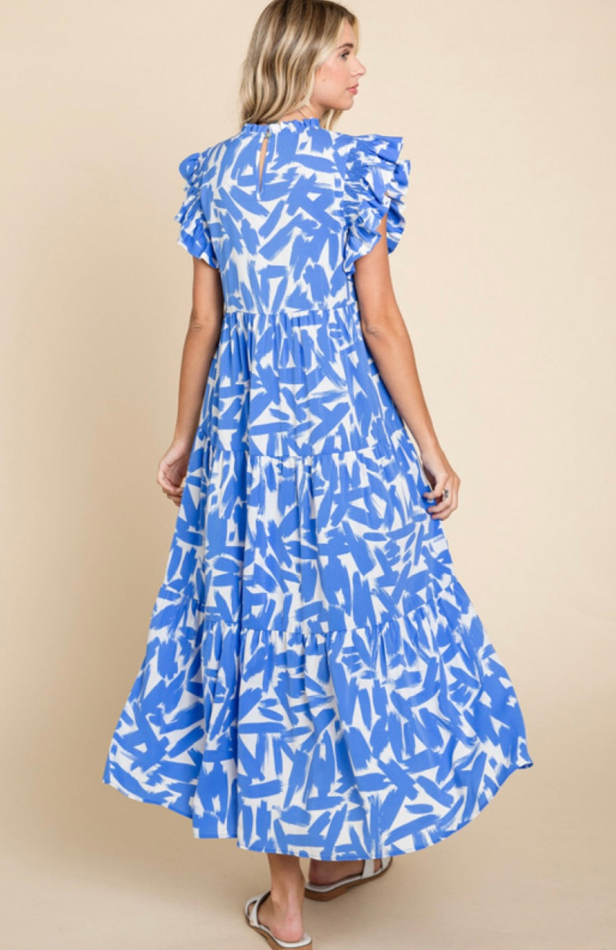 Midi Frilled Neck with Back Keyhole Ruffled Shoulder Tiered Layer Dress