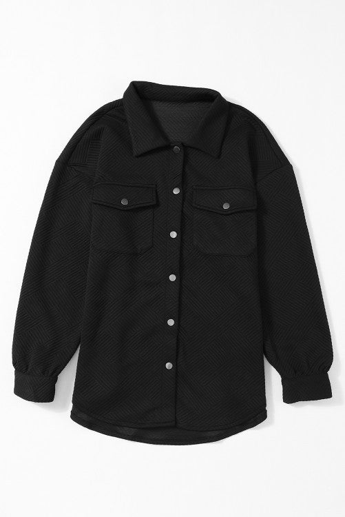 Black Solid Textured Flap Pocket Buttoned Jacket