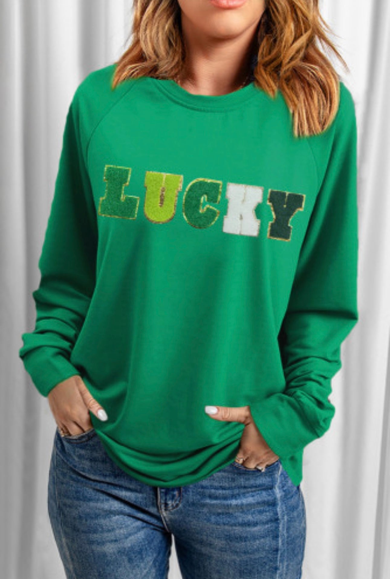 Green St. Patrick’s Lucky Chenille Embroidered Graphic Sweatshirt
