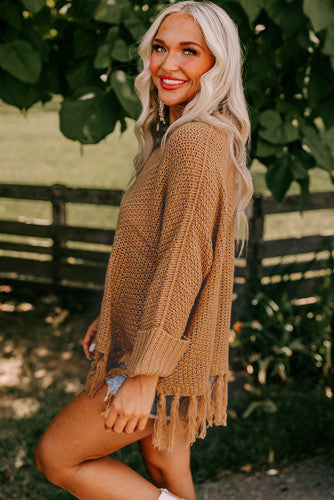 Camel Tasseled Hem Knot Baggy Sweater