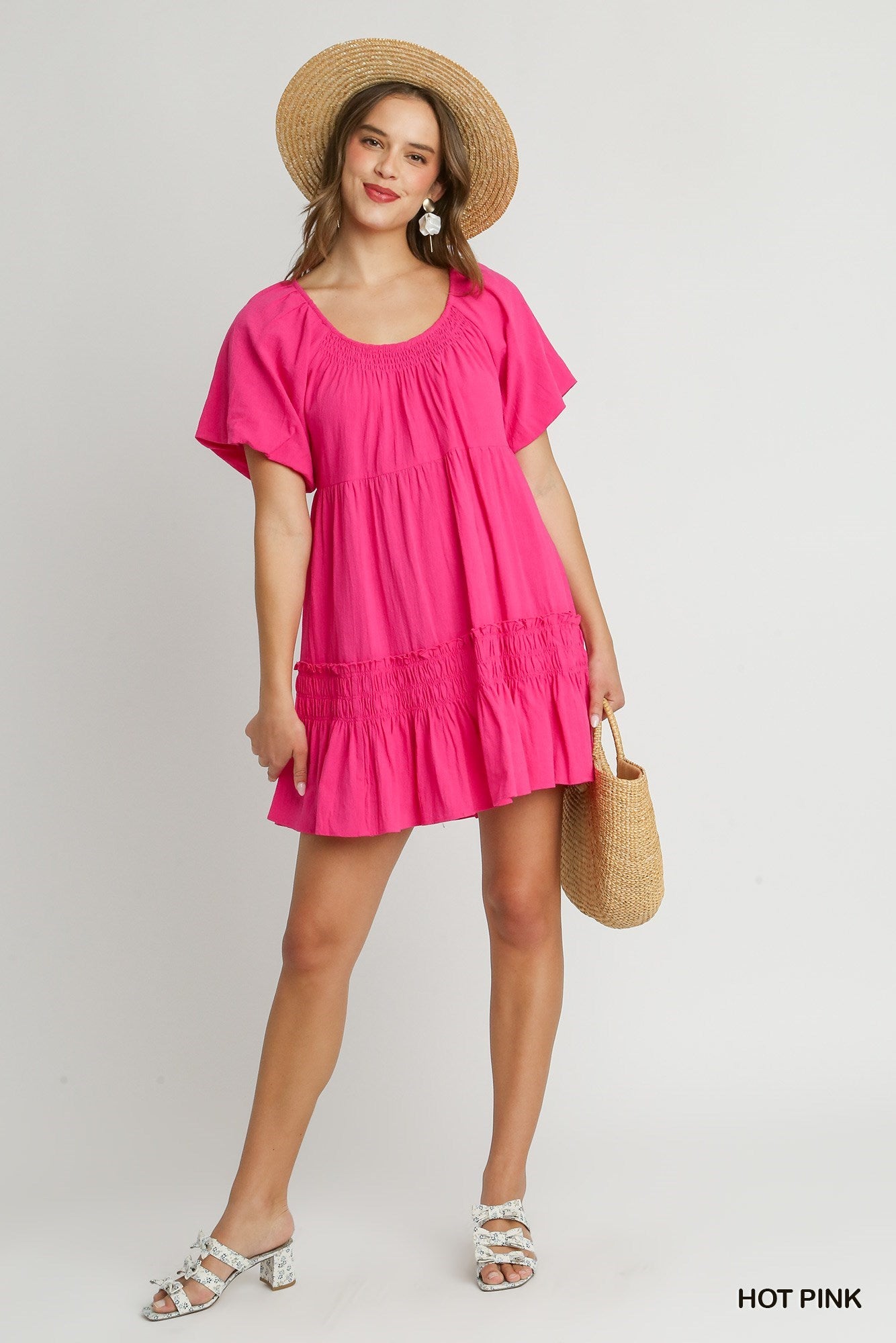 Round Neck Cotton Pleated Dress with Smocked Detail & Puff Short Sleeve