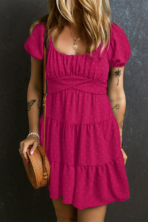 Rose Red Swiss Dot Jacquard Puff Sleeve Crossover Tiered Dress