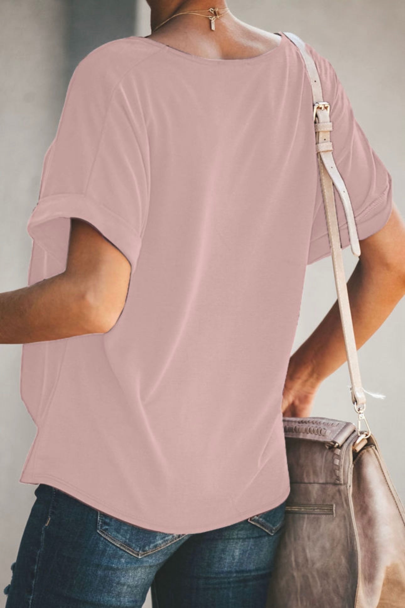 Pink Plain Crewneck Short Sleeve Twist Tee