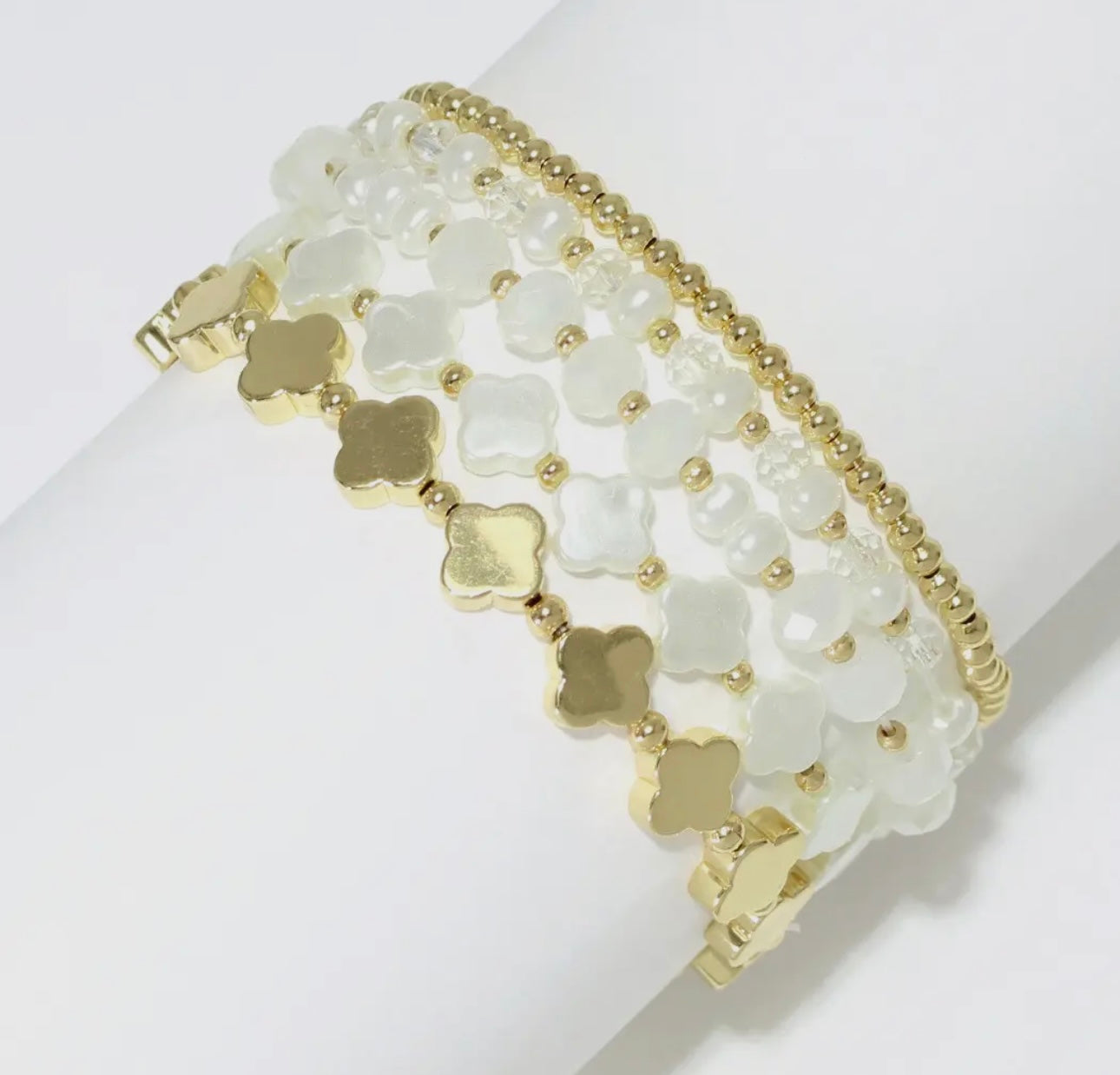Clover Accent Multi Layered Pearl Beaded Stretch Bracelet