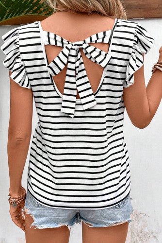 Stripe Butterfly Sleeve V Neck Hollowed Knot Back T Shirt