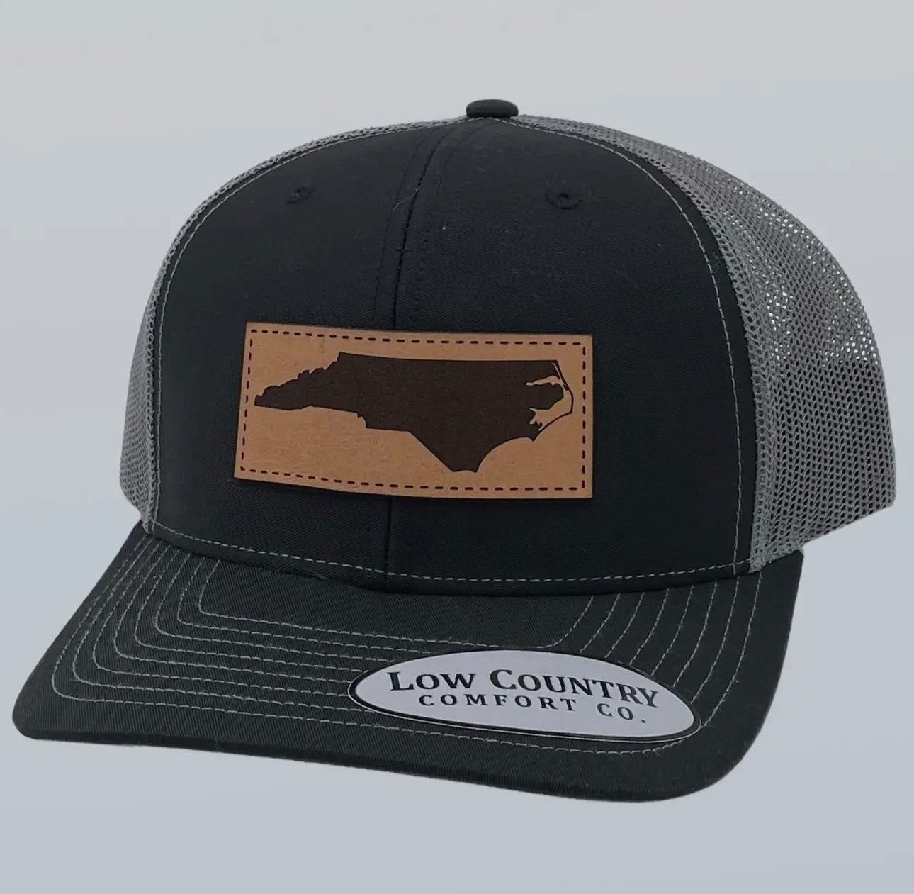 North Carolina Outline Leather Patch Black & Charcoal Grey Hat