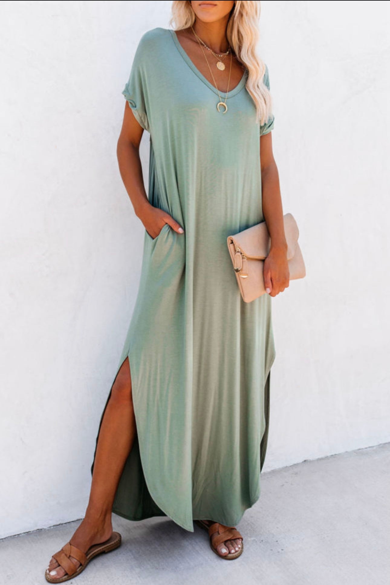 Hidden Pocket V Neck Casual Slit Maxi Dress