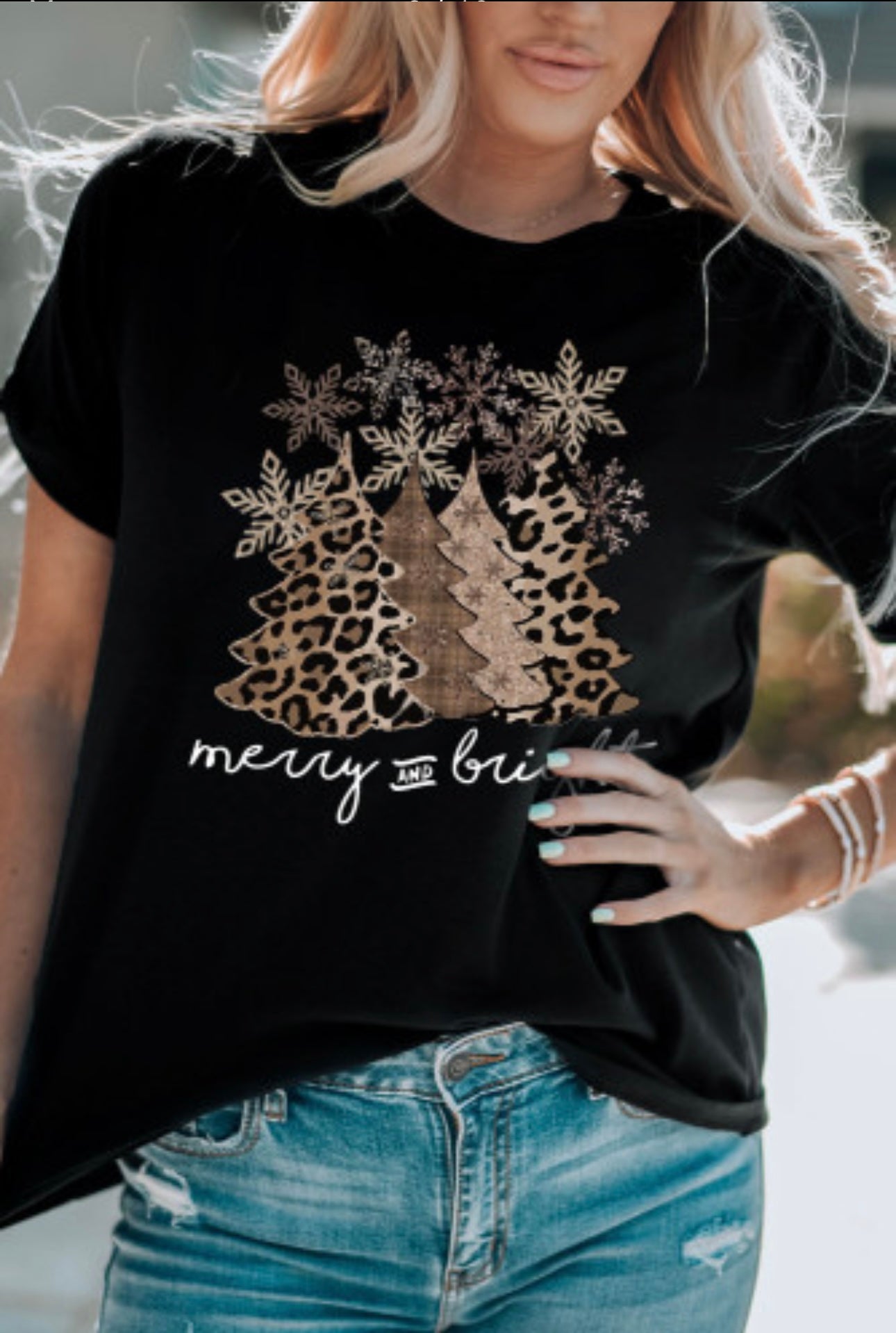 Black Leopard Christmas Tree Crew Neck Graphic T-Shirt