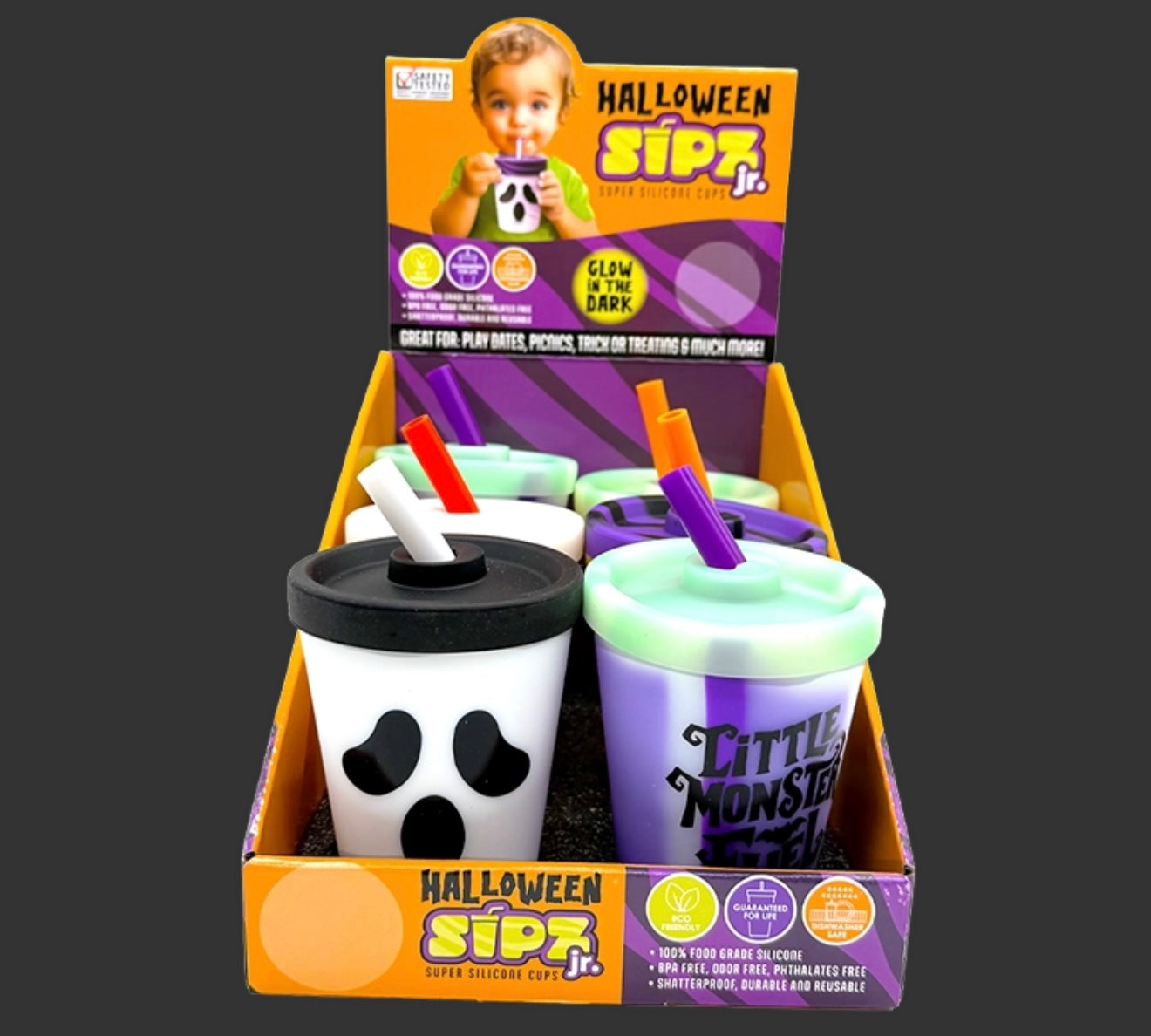 Assorted Halloween 8 ounce silicone kids cup with lid & straw