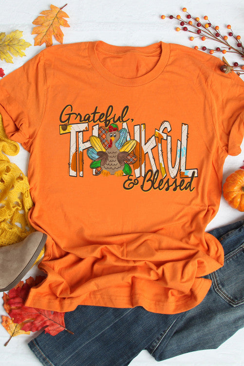 Orange Grateful Thankful Blessed Turkey Graphic Thanksgiving T-Shirt
