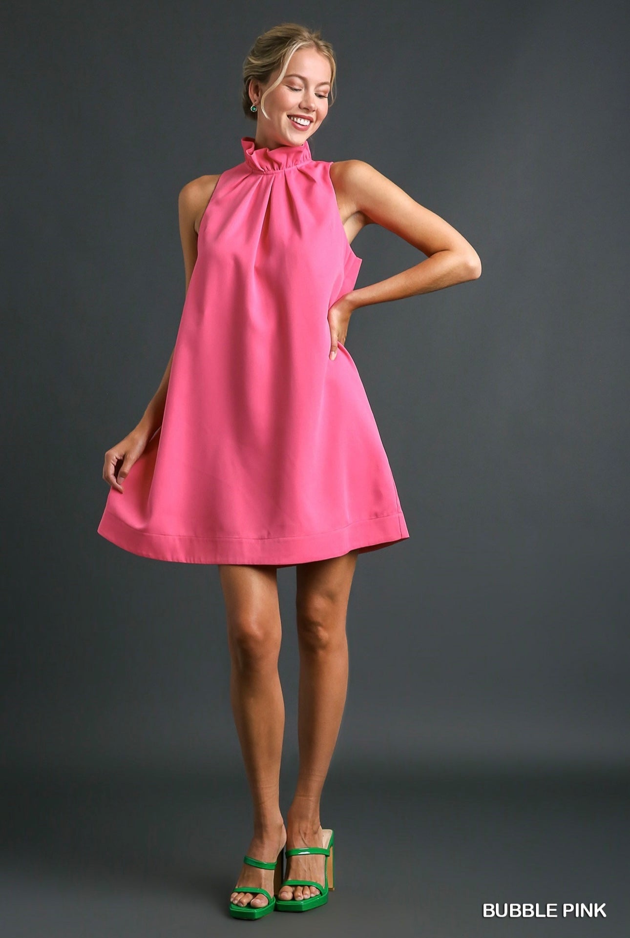 Bubble Pink Sleeveless Dress with Ruffle Neck, Pleats & Back Bow Tie