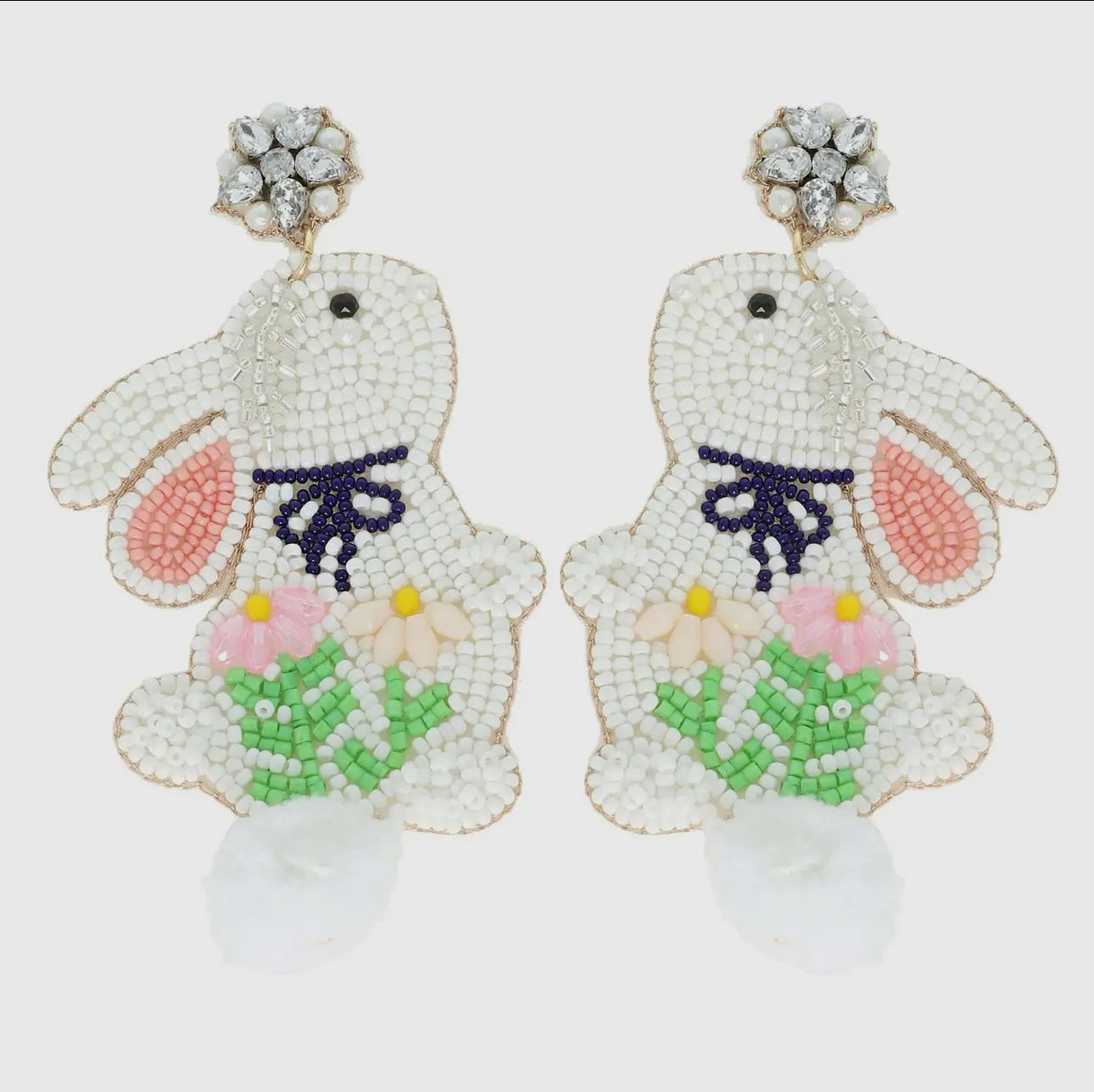 Cotton Ball Tail Easter Rabit Beaded Earrings