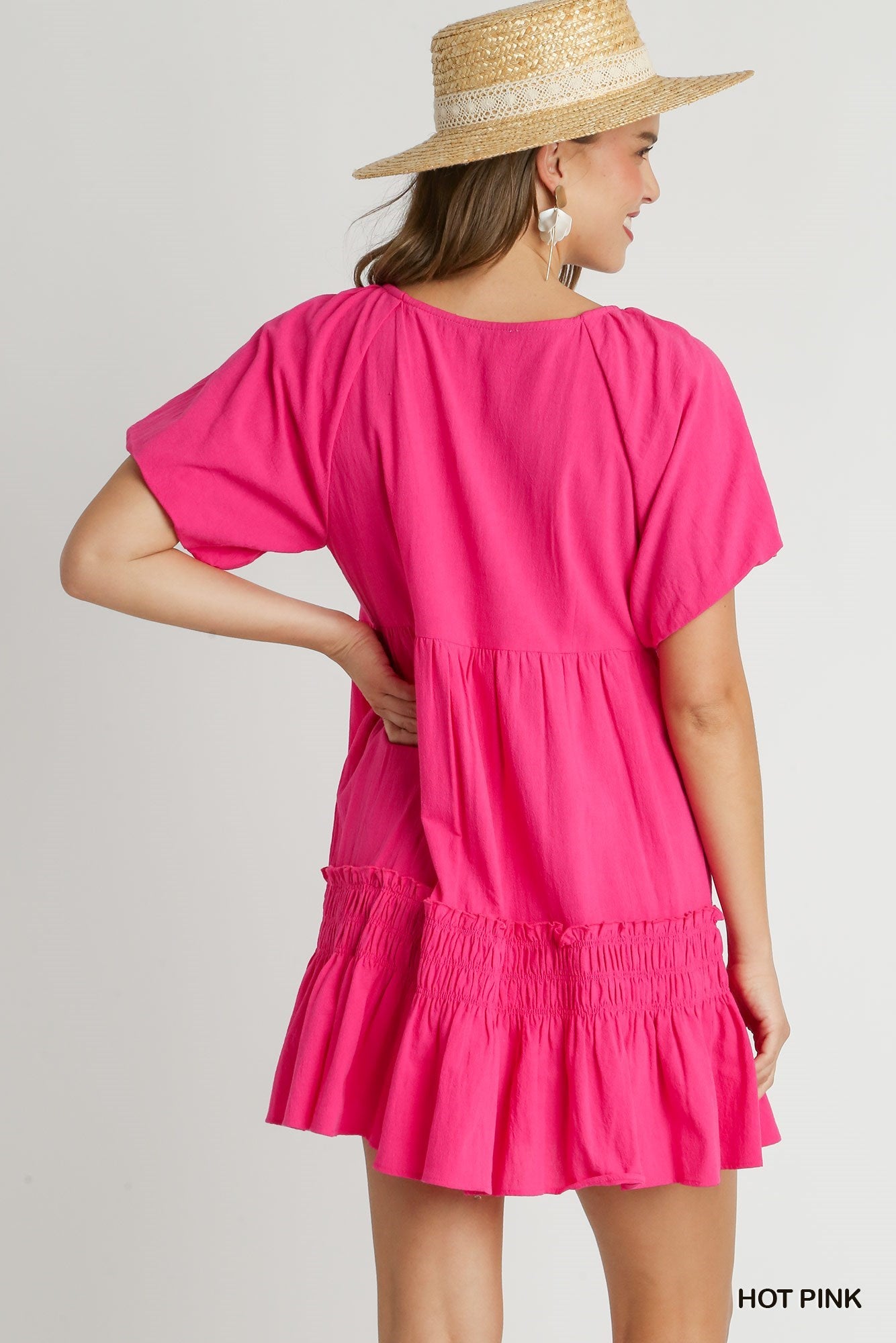 Round Neck Cotton Pleated Dress with Smocked Detail & Puff Short Sleeve