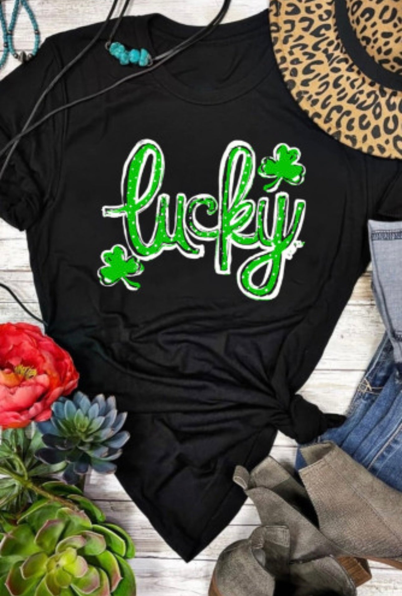 Black St. Patrick’s Lucky Clover Print T-Shirt