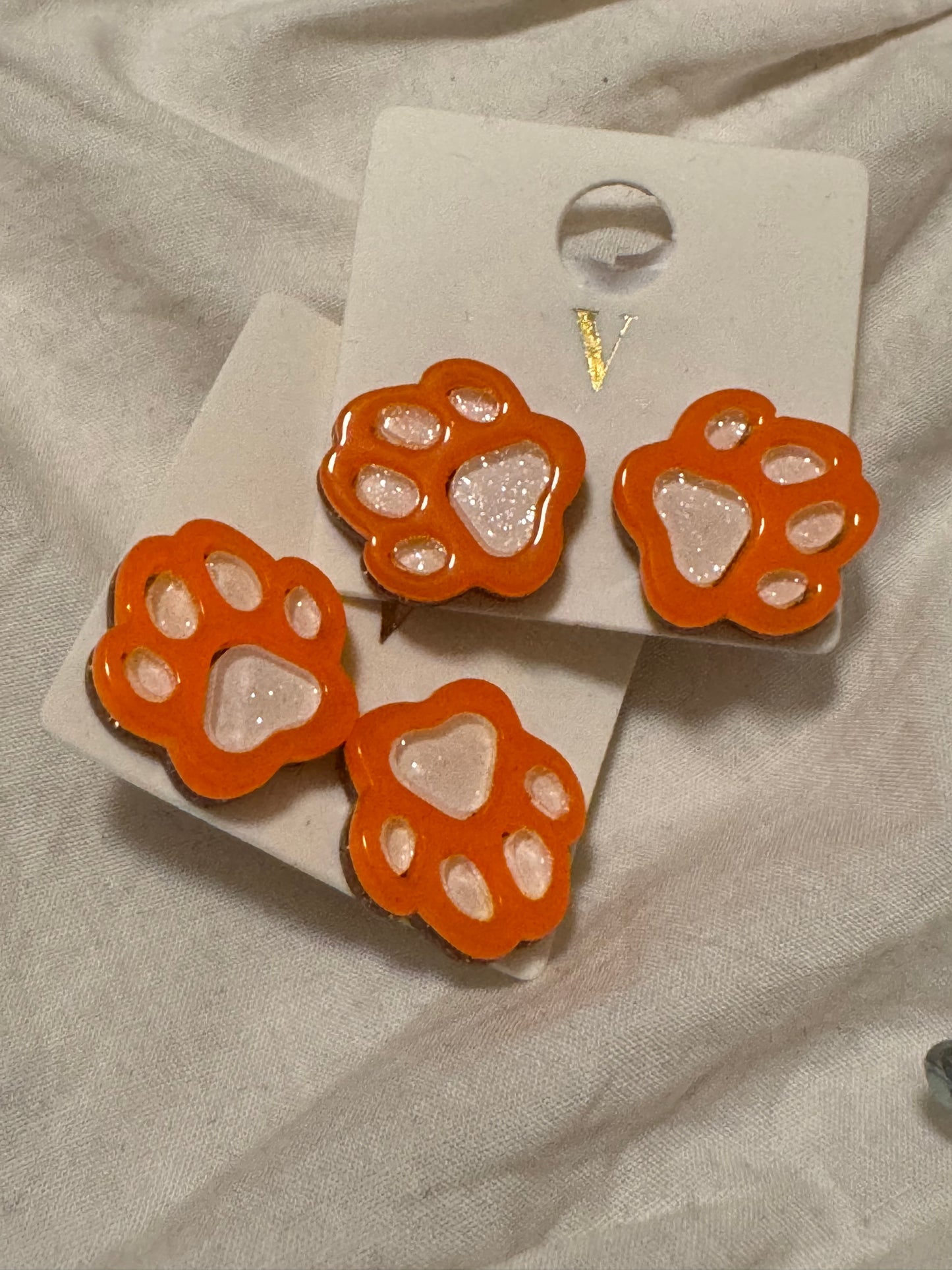 Orange & White Paw Print Stud Earrings