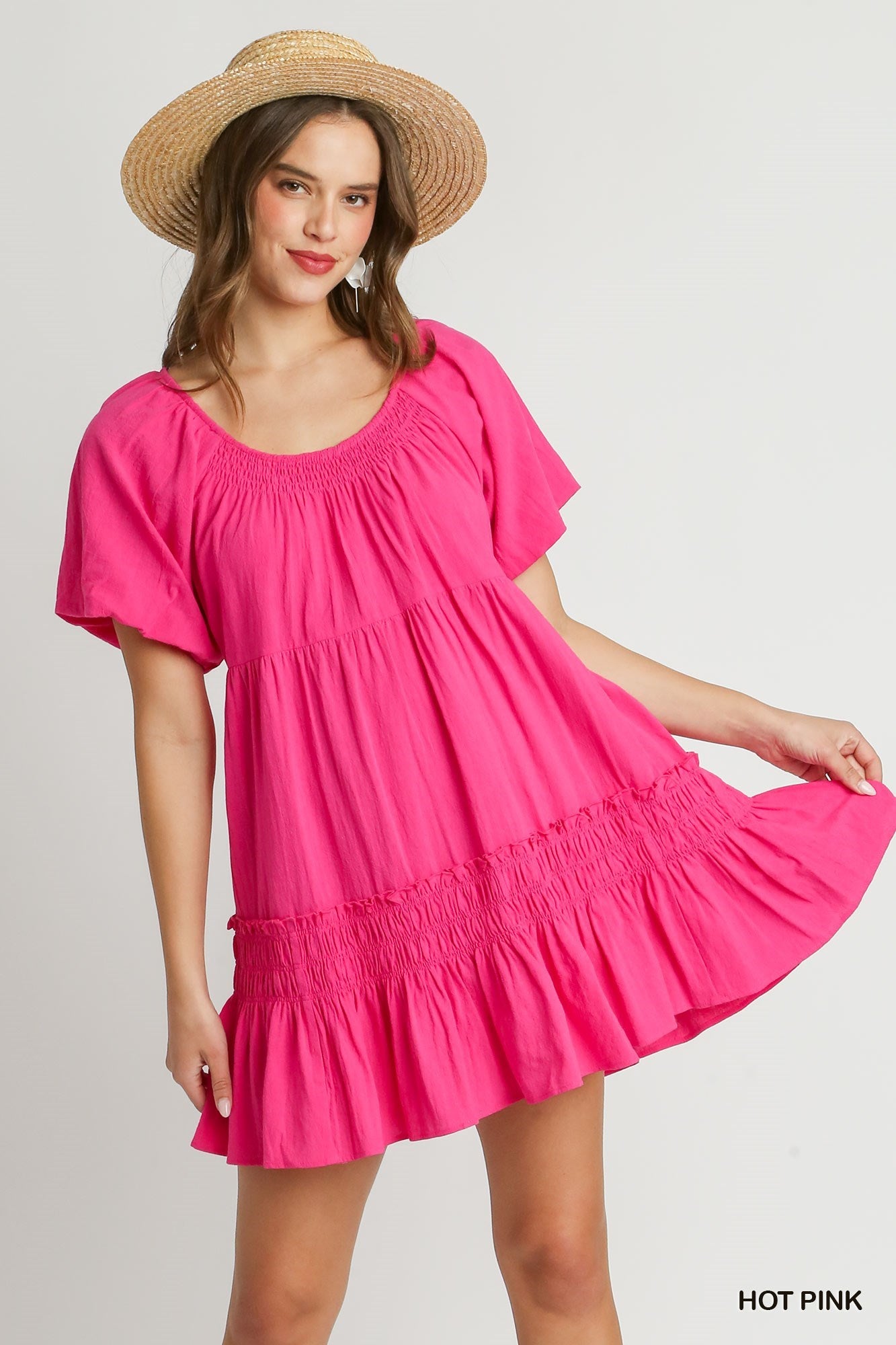 Round Neck Cotton Pleated Dress with Smocked Detail & Puff Short Sleeve