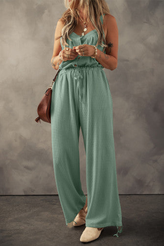 Moss Green Knotter Straps Button Textured Drawstring Jumpsuit