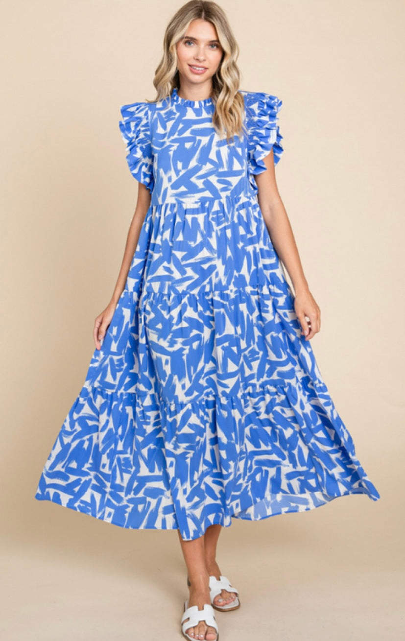 Midi Frilled Neck with Back Keyhole Ruffled Shoulder Tiered Layer Dress