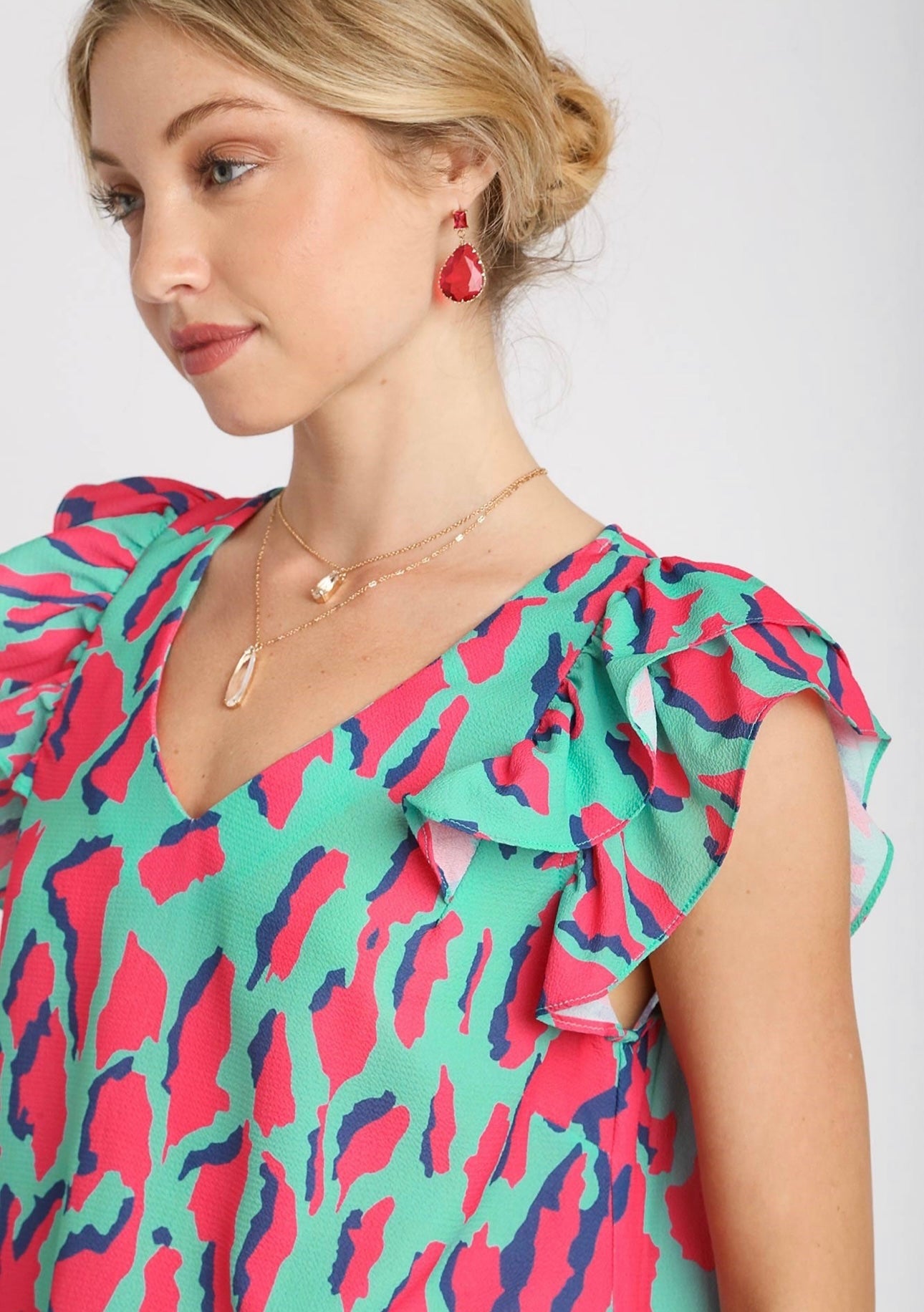 Mint Abstract Print V-Neck Top with Double Layer Ruffle Sleeves