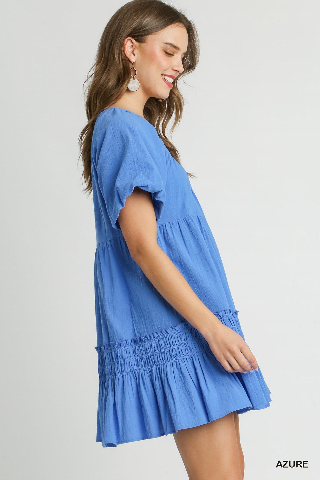 Round Neck Cotton Pleated Dress with Smocked Detail & Puff Short Sleeve
