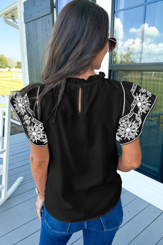Embroidered Ruffled Sleeve Frilled Collar Top