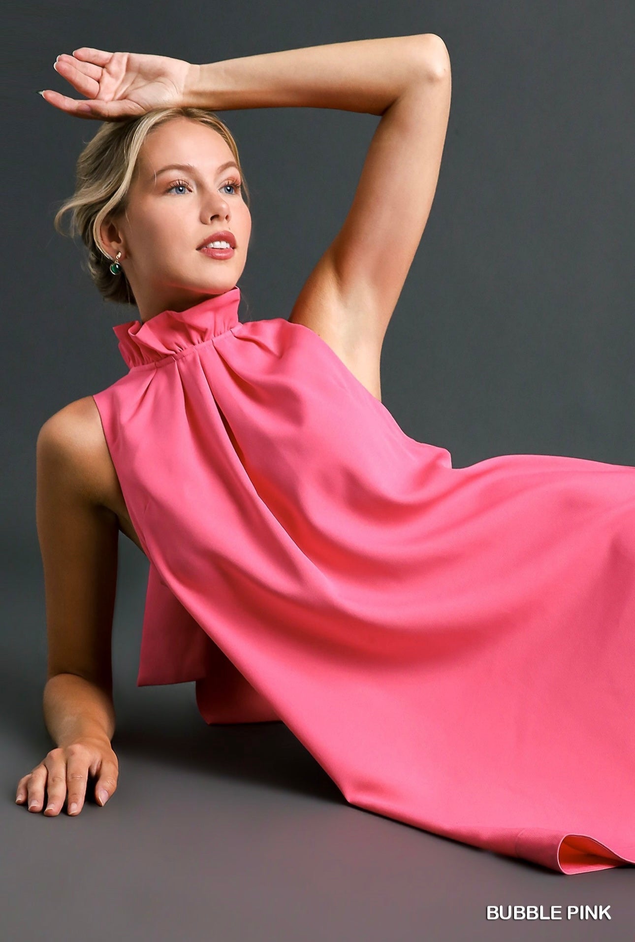 Bubble Pink Sleeveless Dress with Ruffle Neck, Pleats & Back Bow Tie