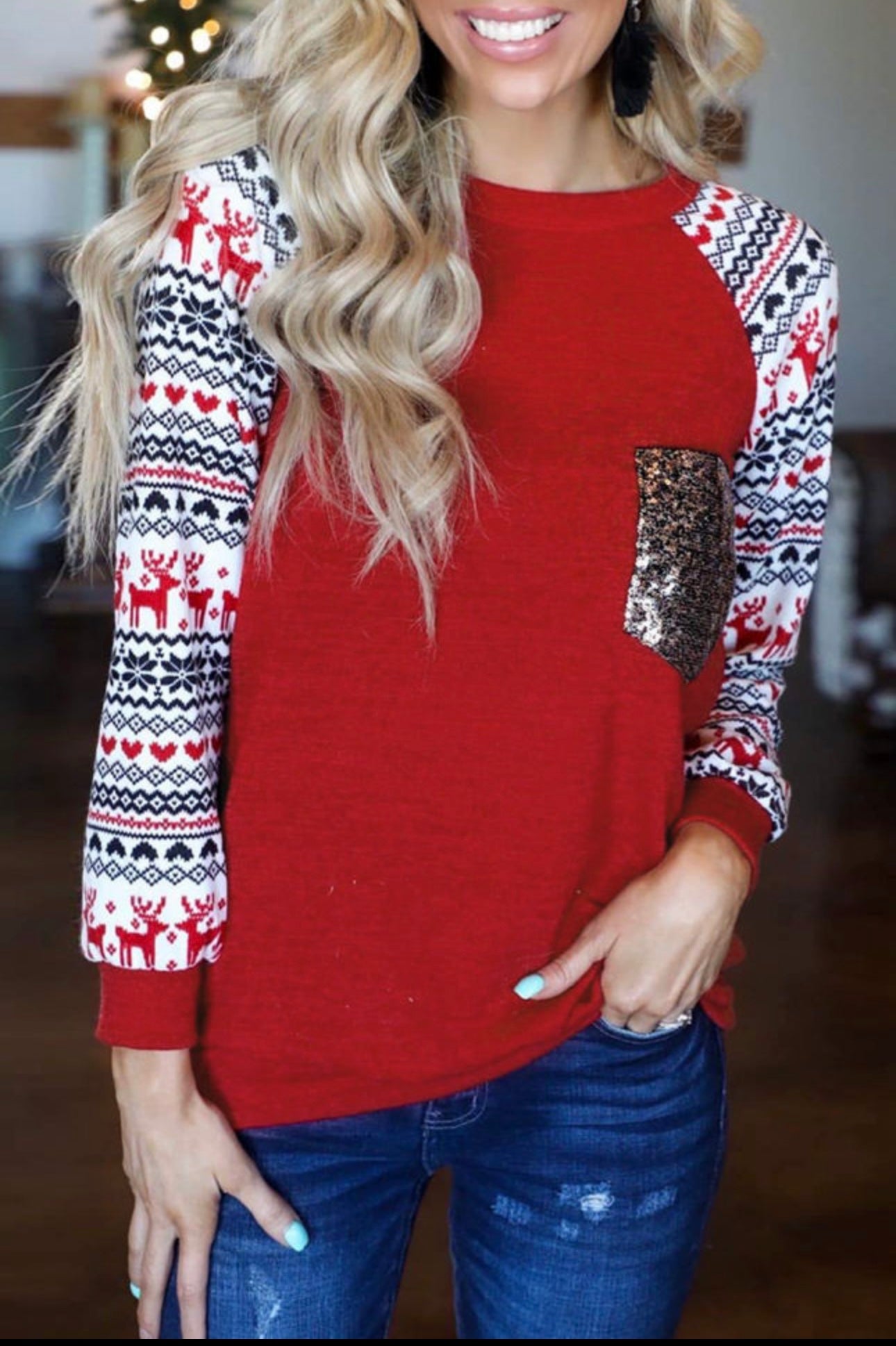 Red Christmas Print Sleeve Sequin Pocket Raglan Top