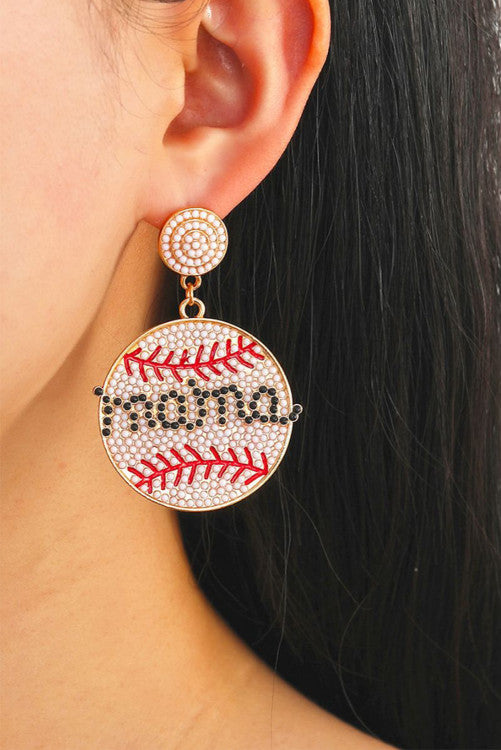 White Crystal Mama Beaded Baseball Earrings