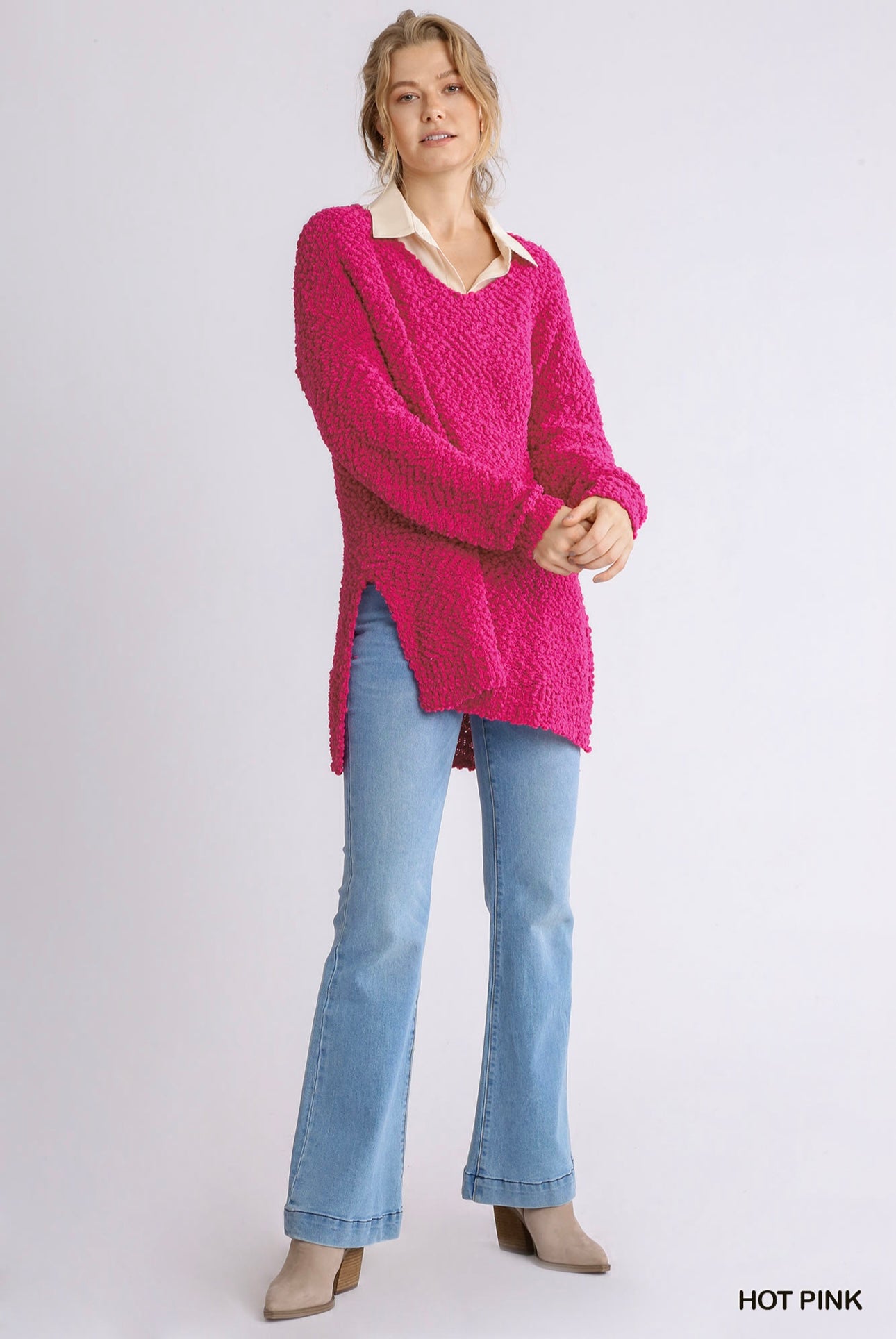 Long Sleeve V-Neck Soft Knit Pullover Sweater with Side Slits