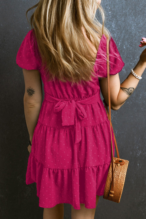 Rose Red Swiss Dot Jacquard Puff Sleeve Crossover Tiered Dress