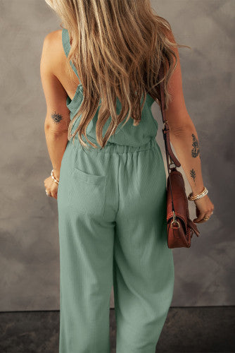 Moss Green Knotter Straps Button Textured Drawstring Jumpsuit