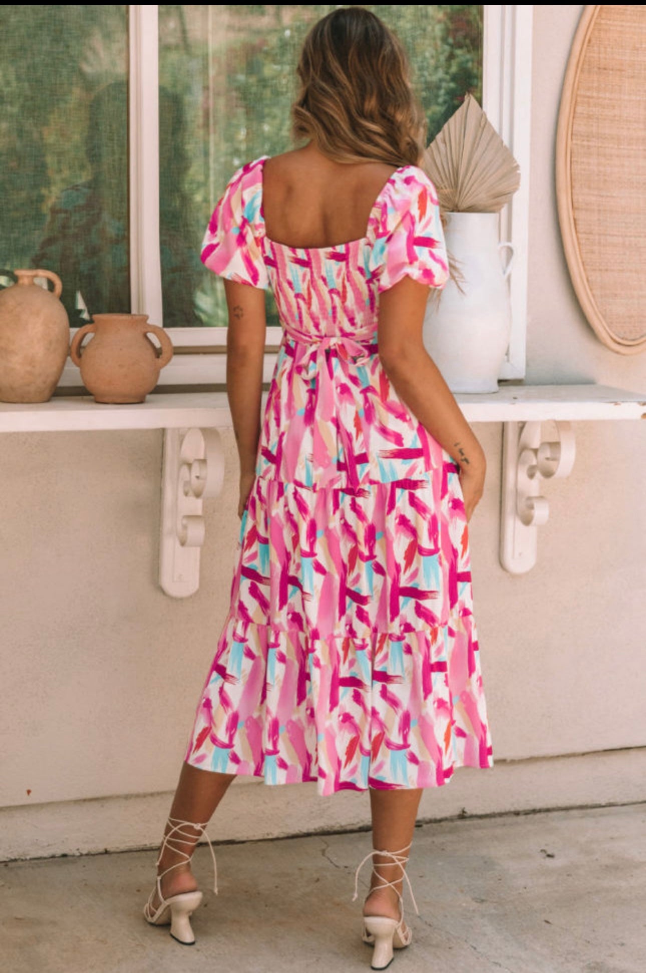 Pink Brush Stroke Printed Smocked Ruffle Tiered Dress