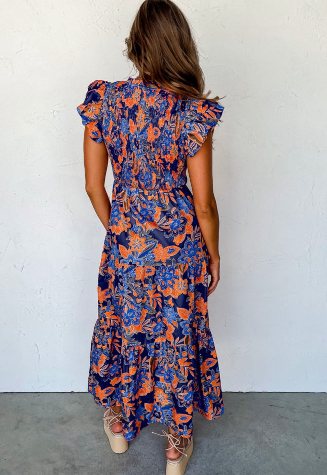 Dark Blue Boho Floral V Neck Ruffle Tiered Long Dress