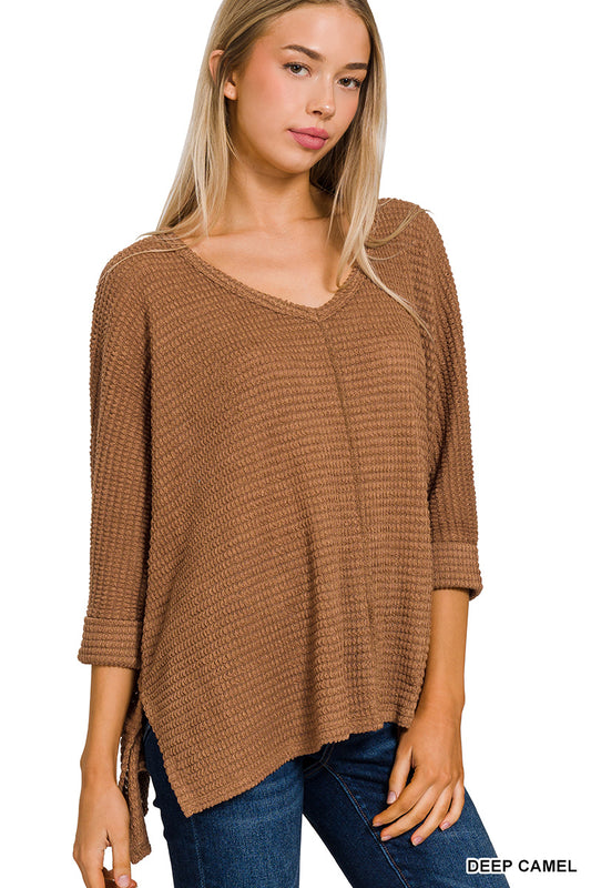 3/4 SLEEVE V-NECK HI-LOW HEM JACQUARD SWEATER