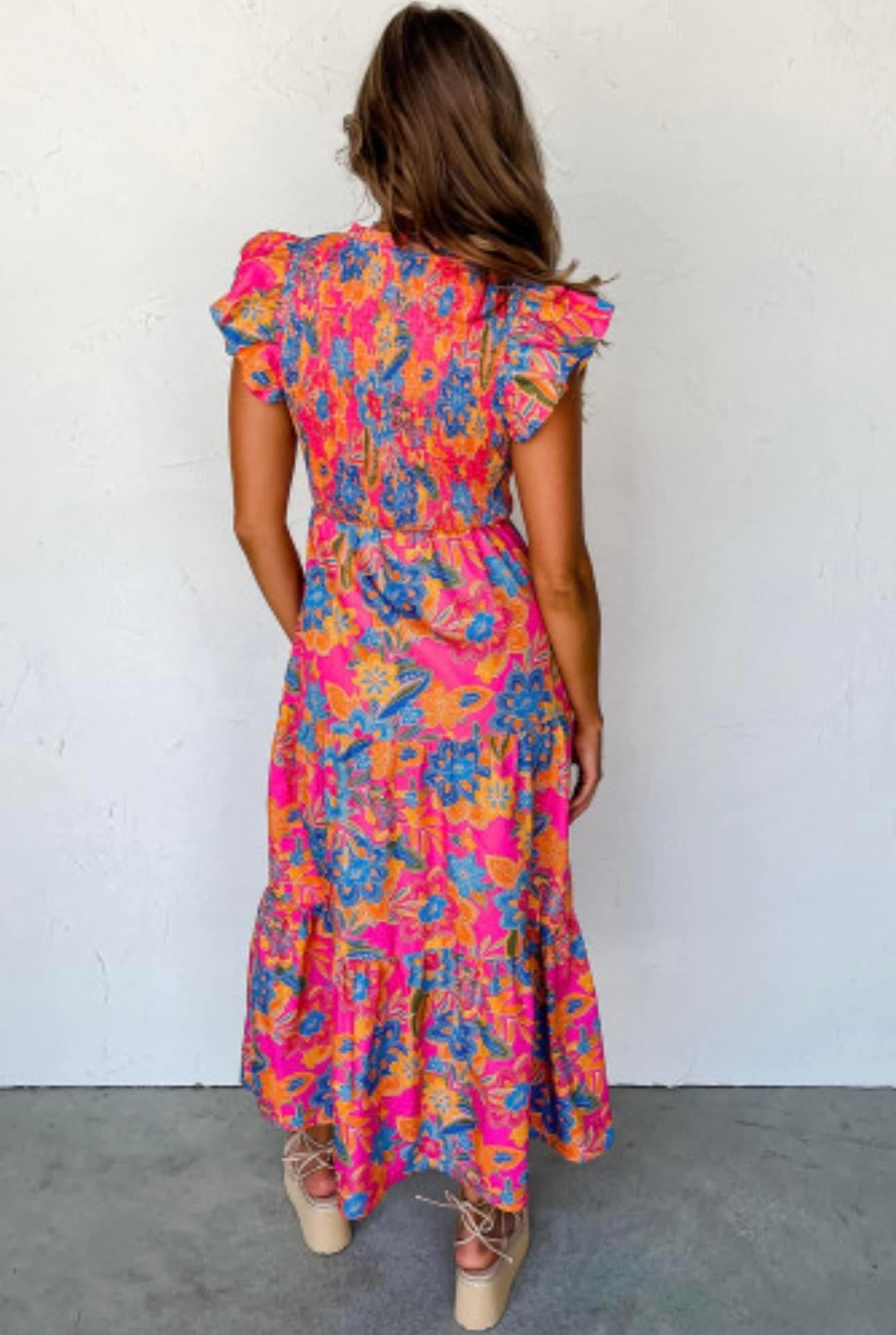 Rose Red Boho Floral V Neck Ruffle Tiered Maxi Dress