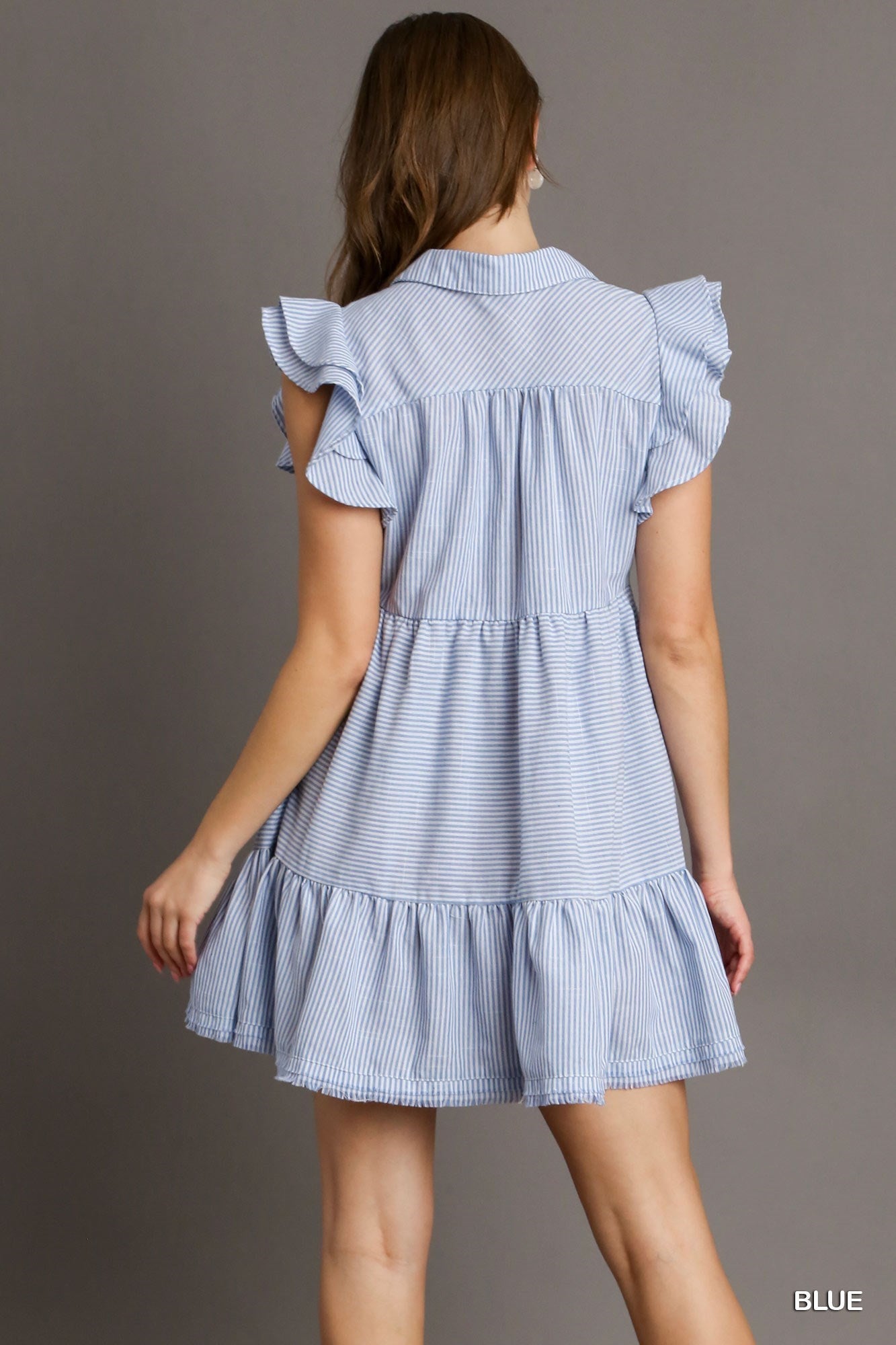 Blue and White V-Neck Collared Dress with Ruffle Sleeves and Fray Details