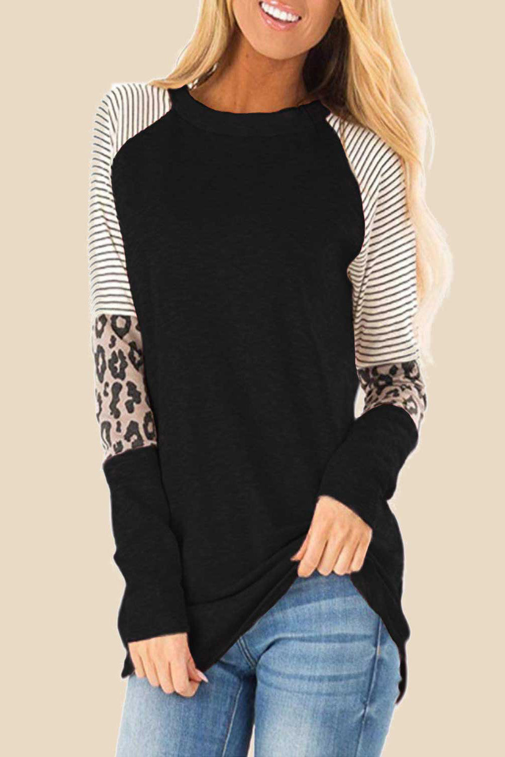 Black Striped and Leopard Color Block Sleeves Top